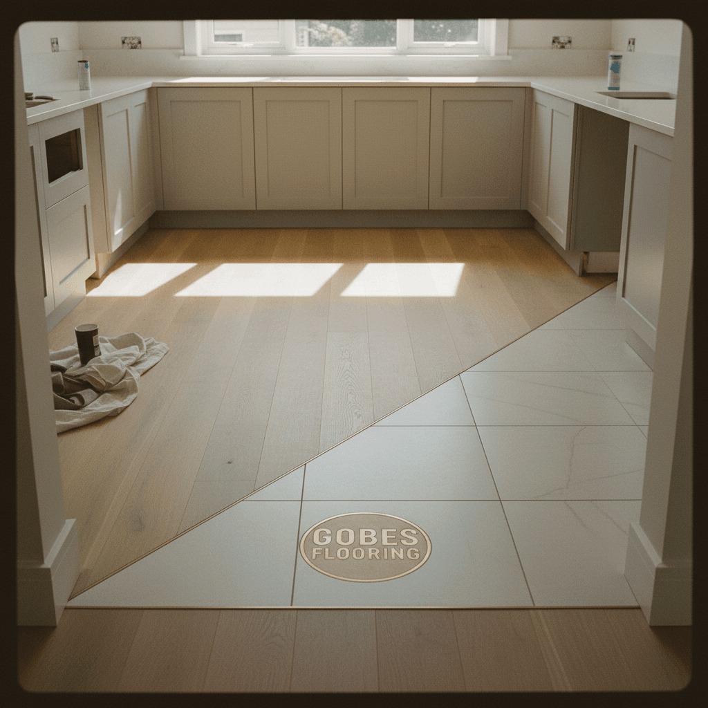 Kitchen flooring installation with seamless material transition