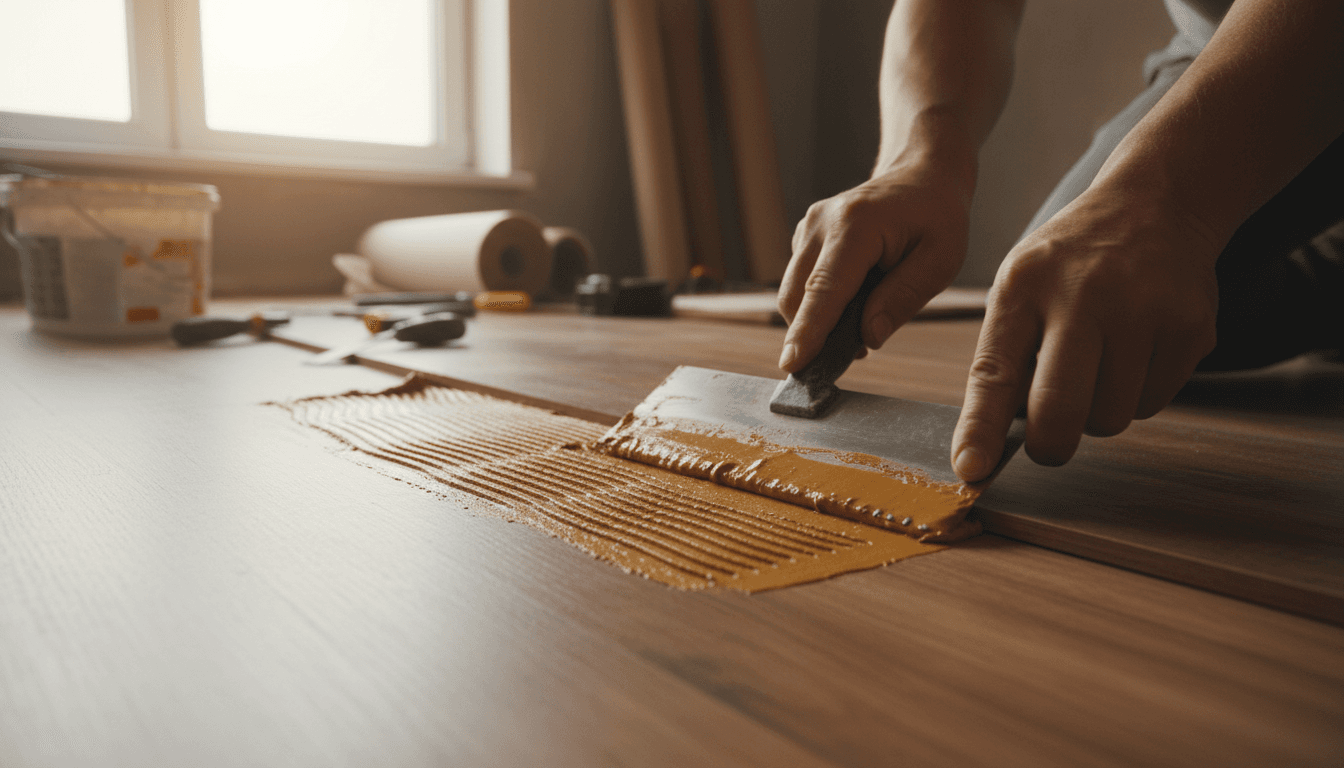 Flooring installer carefully applying adhesive to subfloor with notched trowel