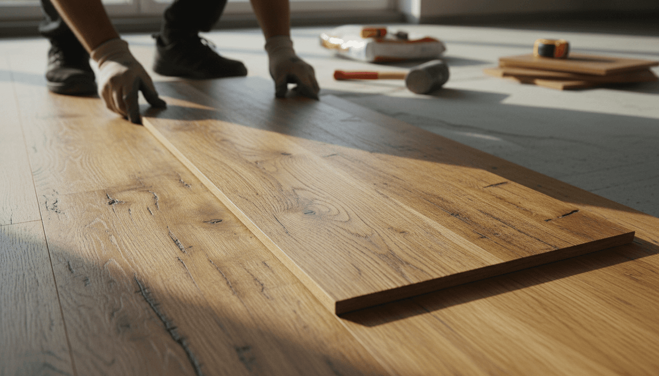 Professional flooring installer positioning a plank during installation in Fillmore