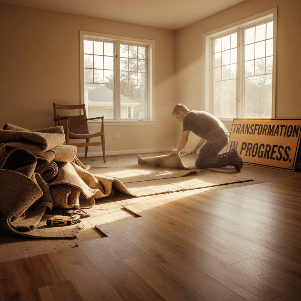Flooring replacement showing removal and new installation process