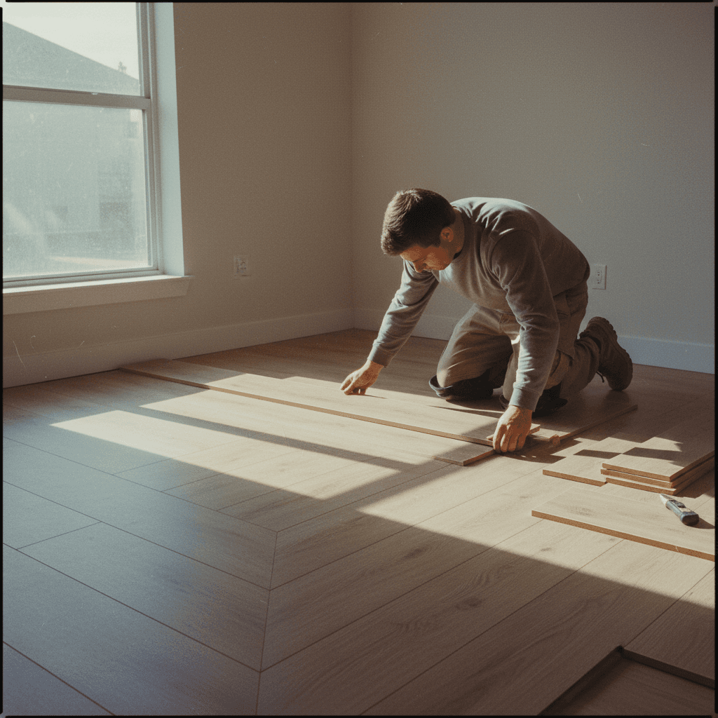 Vinyl plank flooring installation in progress