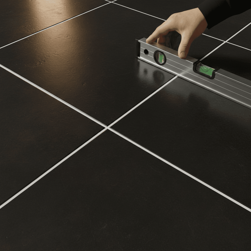 Tile flooring with perfect grout lines and level surface