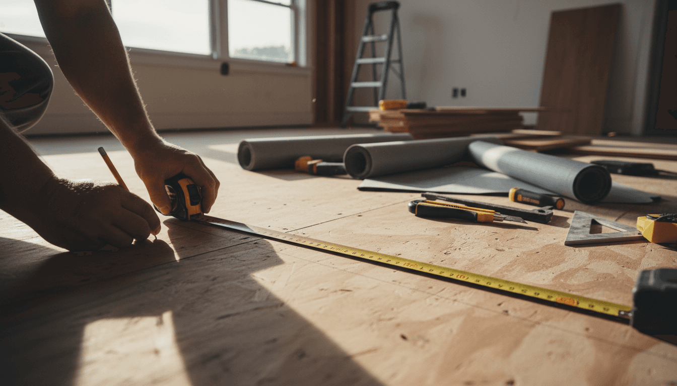 Flooring installer measuring and marking subfloor with precision tools during preparation work