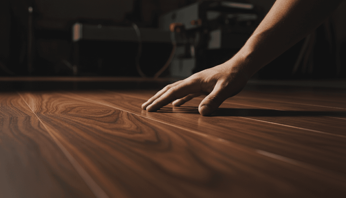 Hand touching a freshly installed hardwood floor, showcasing smooth finish and quality craftsmanship
